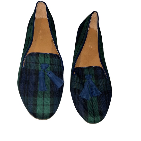 New J Crew Cora Loafers Tassels Slip on Tartan Plaid green blue K3769 Size 9